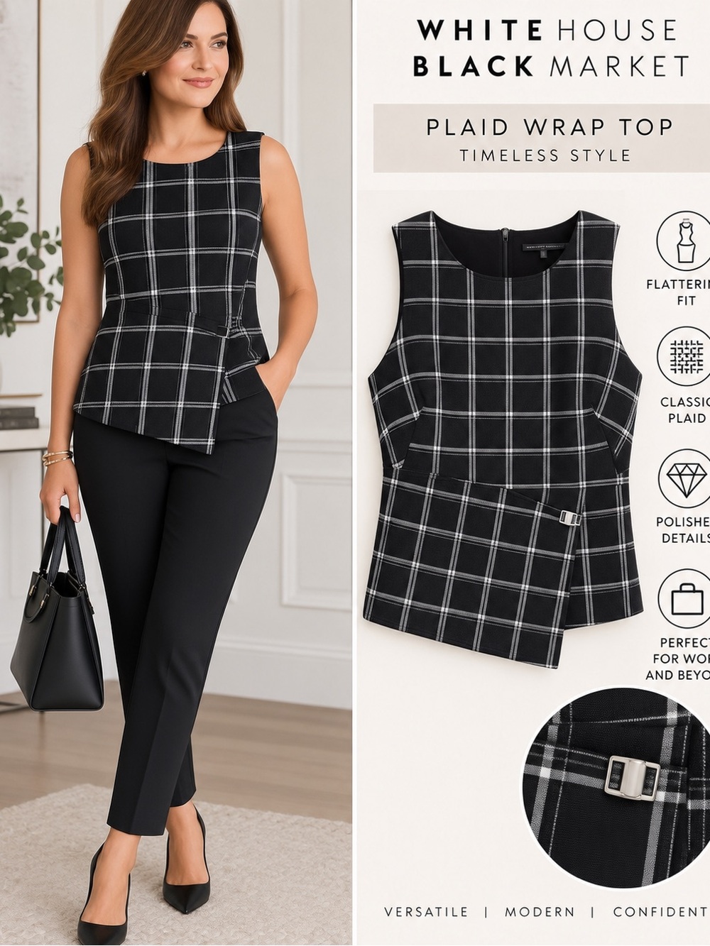 White House Black Market Top Womens 12 Black White Plaid Sleeveless Wrap Buckle